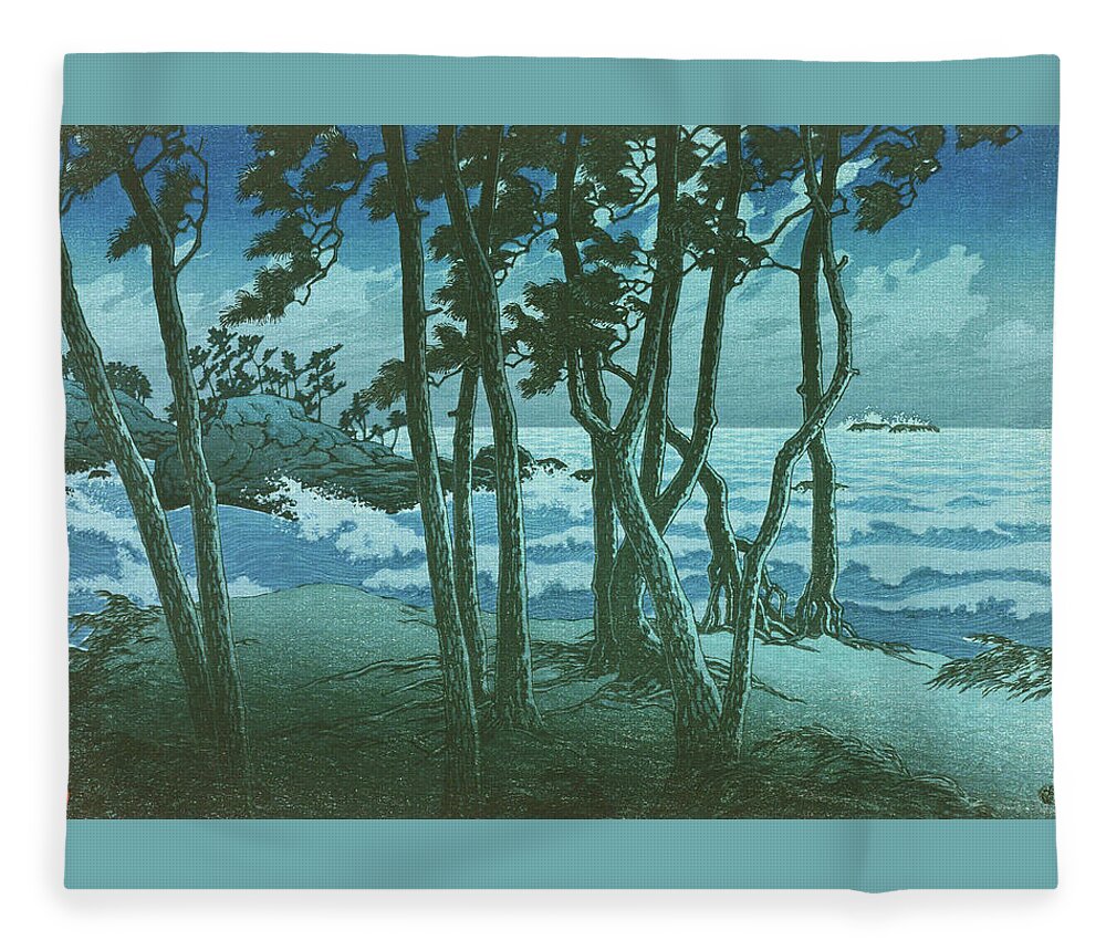 Kawase Hasui Fleece Blanket featuring the painting Travel souvenir third collection, Izumo, Hinomisaki - Digital Remastered Edition by Kawase Hasui