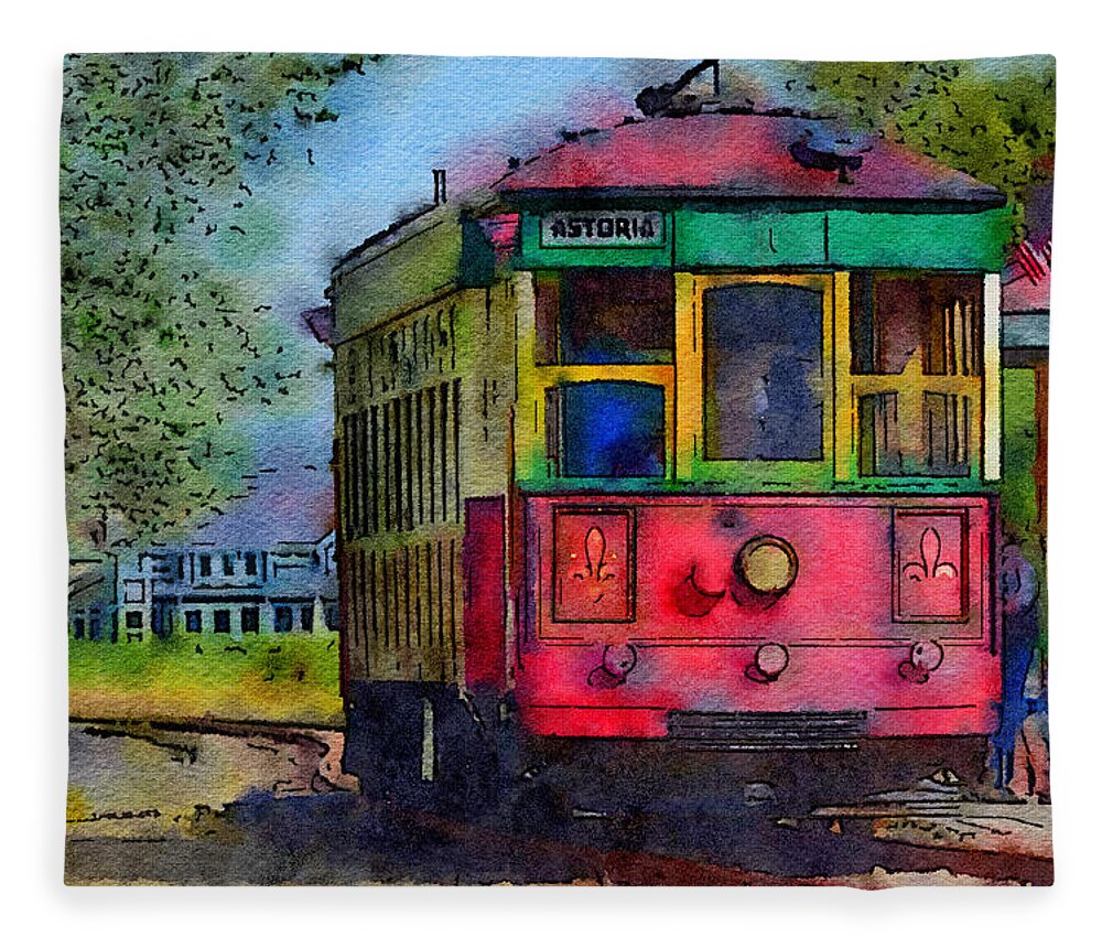 Historic Trolly Fleece Blanket featuring the mixed media Trolly Car by Bonnie Bruno