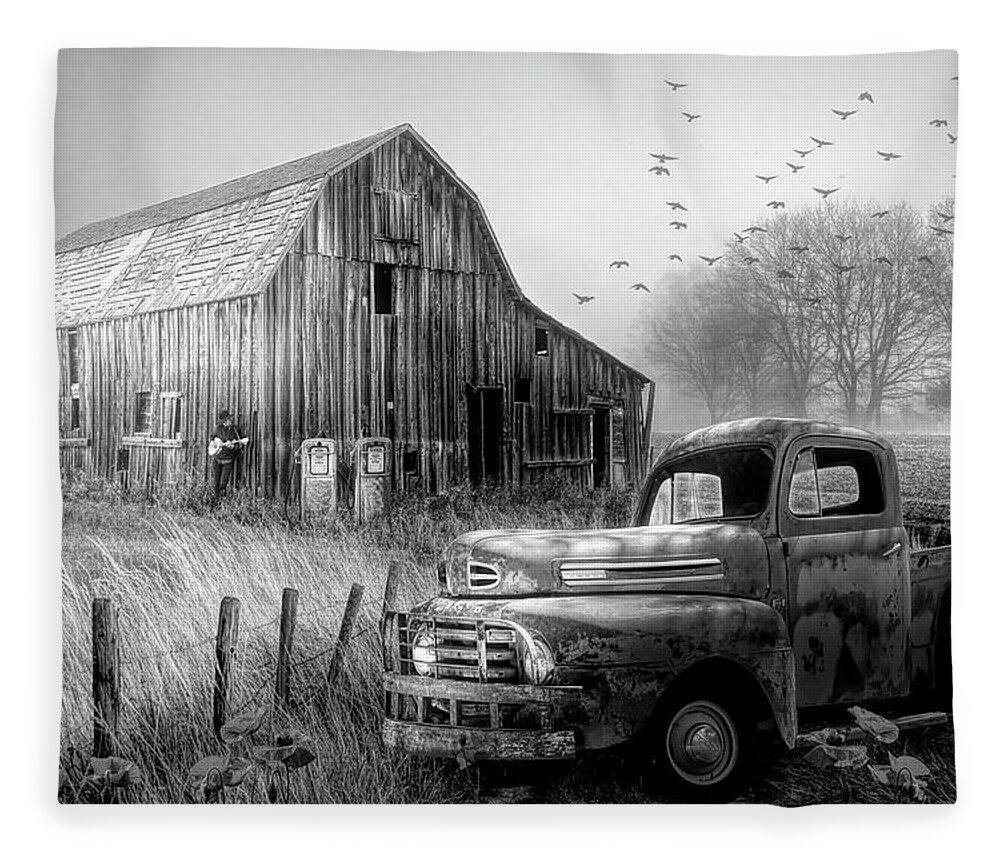1951 Fleece Blanket featuring the photograph Truck in the Fog in Black and White by Debra and Dave Vanderlaan