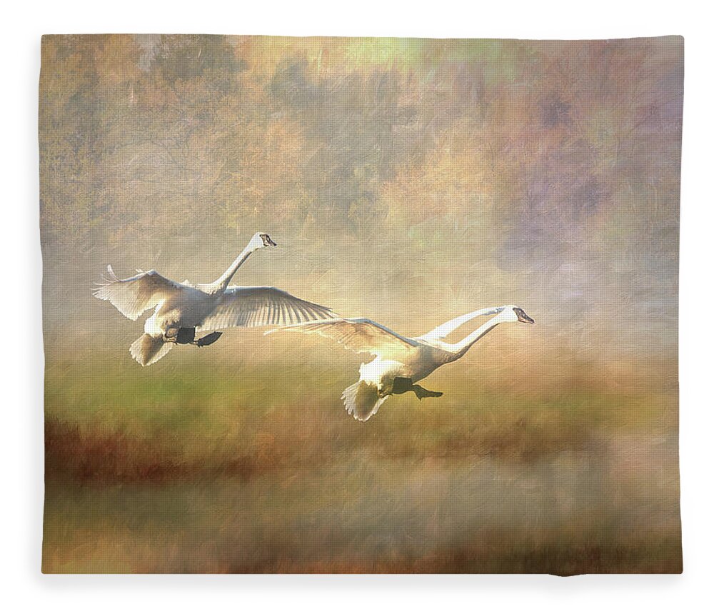 Swans Fleece Blanket featuring the photograph Trumpeter Swan Landing - painterly by Patti Deters