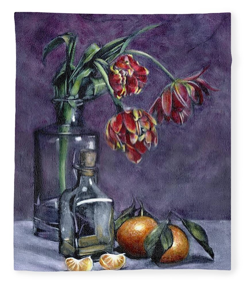 Tulip Fleece Blanket featuring the painting Tulips and Oranges by John Neeve