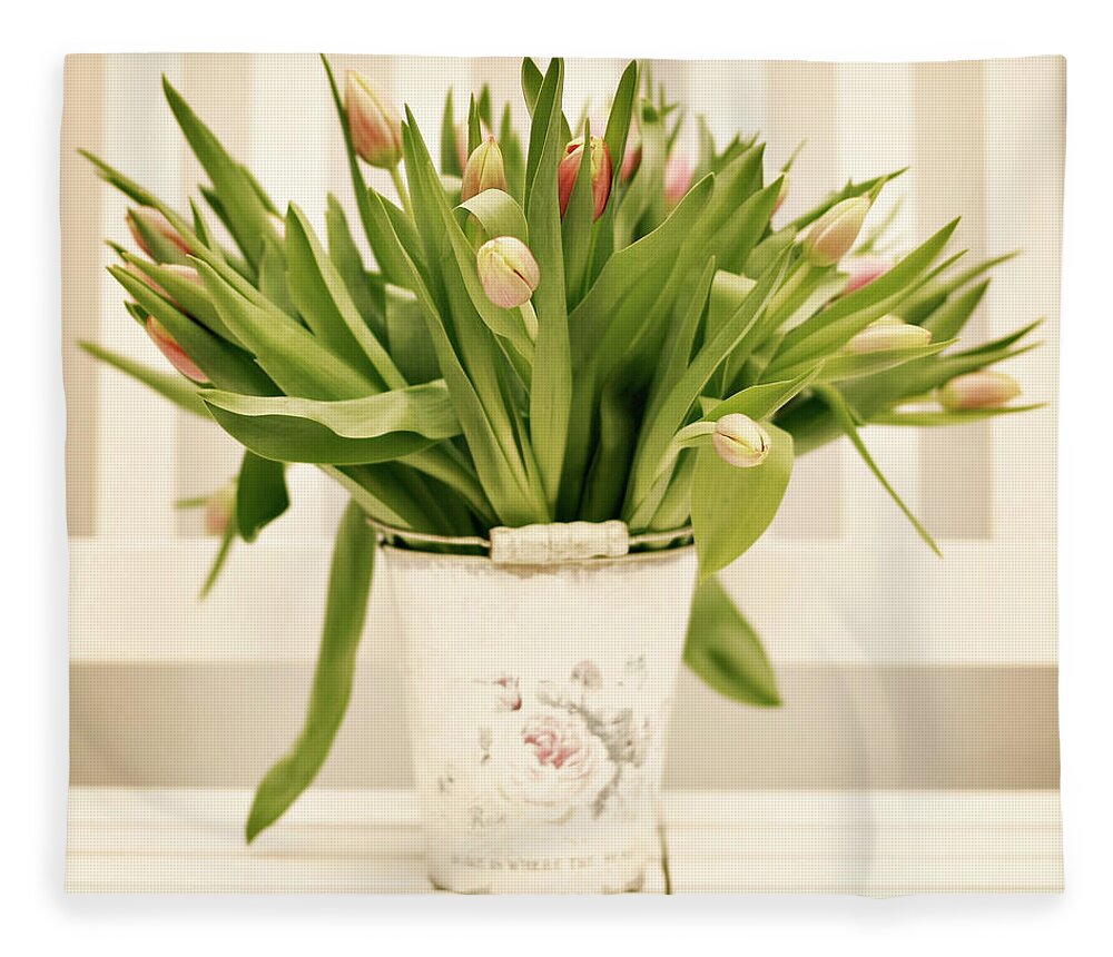 Bucket Fleece Blanket featuring the photograph Tulips In Bucket by Andrea Kamal