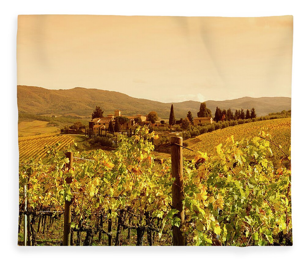 Scenics Fleece Blanket featuring the photograph Tuscany Village And Vineyard In Fall At by Lisa-blue