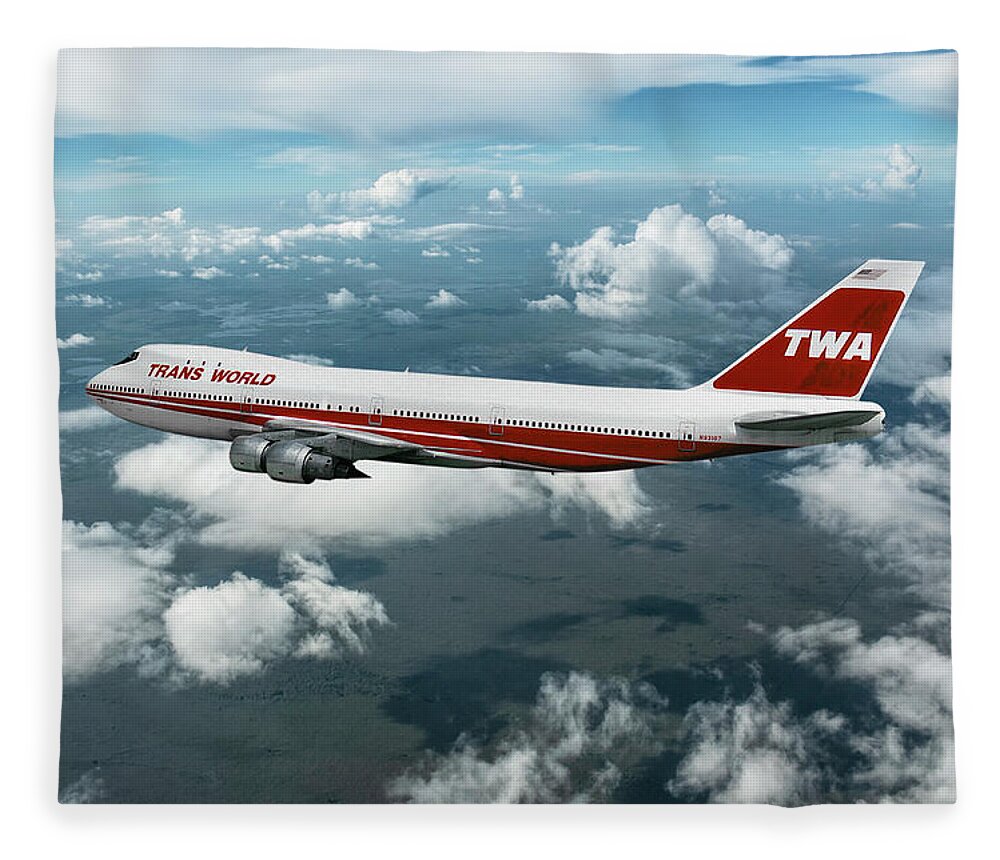 Trans World Airlines Fleece Blanket featuring the mixed media TWA Boeing 747-131 by Erik Simonsen