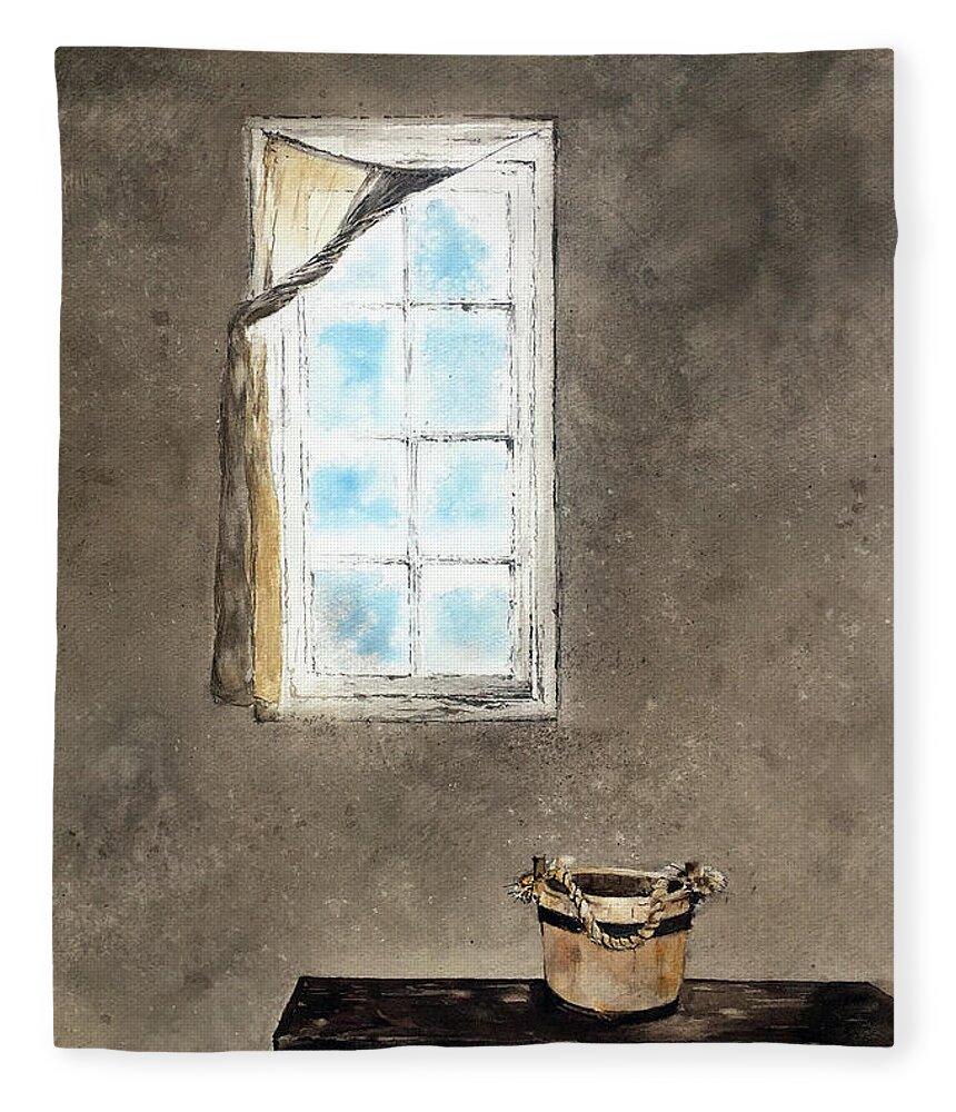 A Twisted Curtain Hangs On An Antique Window Over A Bench With A Wooden Water Bucket On It.  Fleece Blanket featuring the painting Twisted by Monte Toon