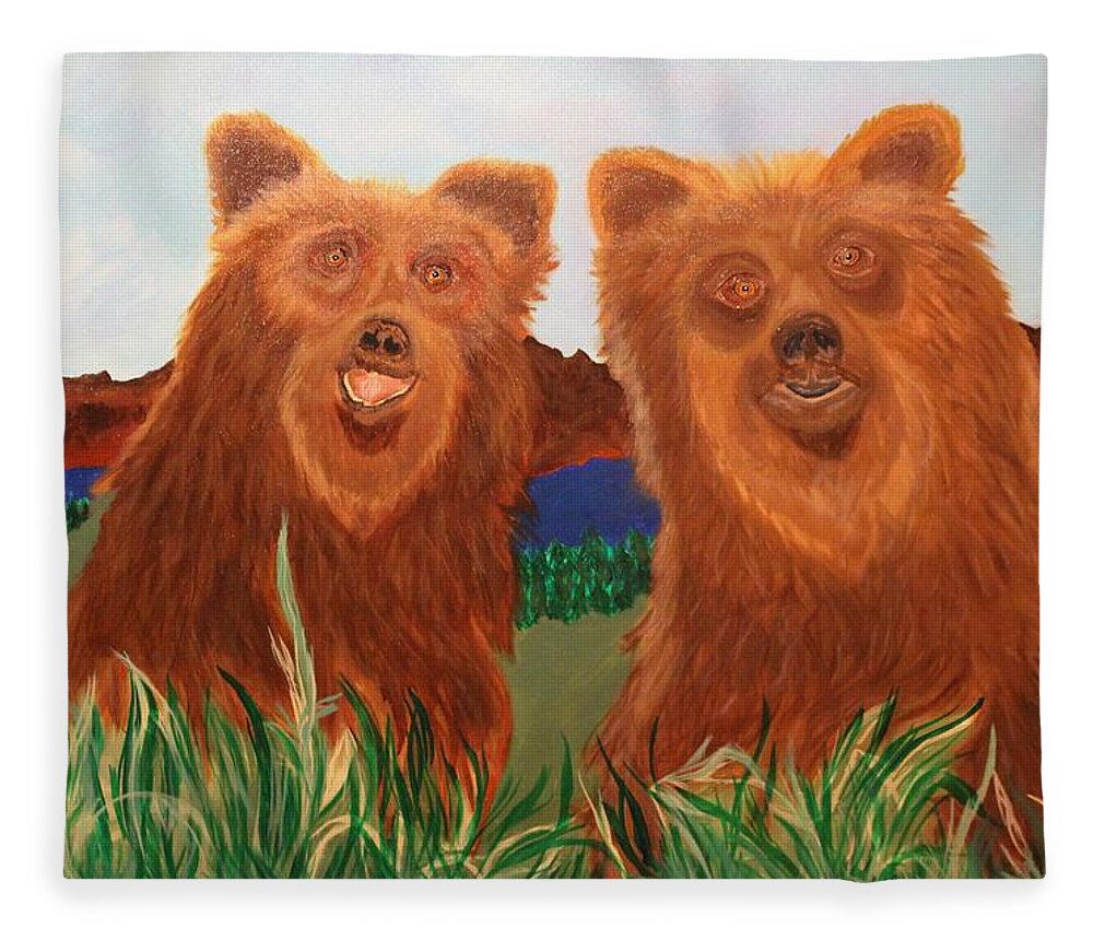 Bears Fleece Blanket featuring the painting Two Bears in a Meadow by Bill Manson