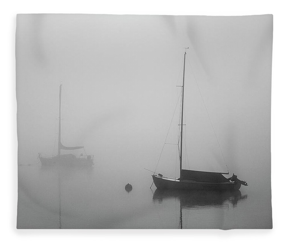 Anchored Fleece Blanket featuring the photograph Two Boats and Fog II BW by David Gordon