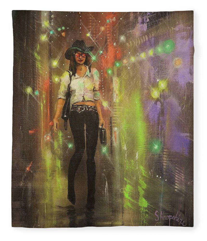 City At Night Fleece Blanket featuring the painting Urban Cowgirl by Tom Shropshire