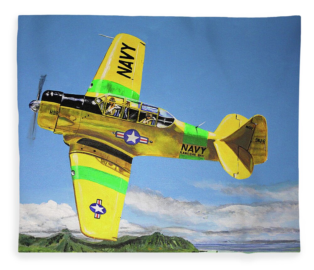 Airplane Fleece Blanket featuring the painting U S Navy S N J 6- Kaneohe Bay by Karl Wagner
