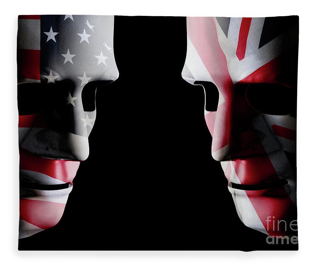 Mask Fleece Blanket featuring the digital art USA and GB head to head flag faces by Simon Bratt