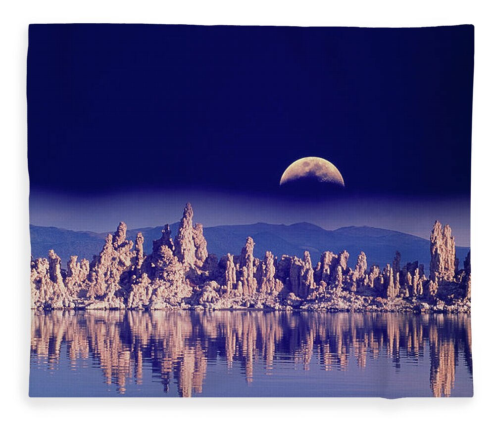 Scenics Fleece Blanket featuring the photograph Usa, Ca, Mono Lake, Tufas And Moon by Grant Faint