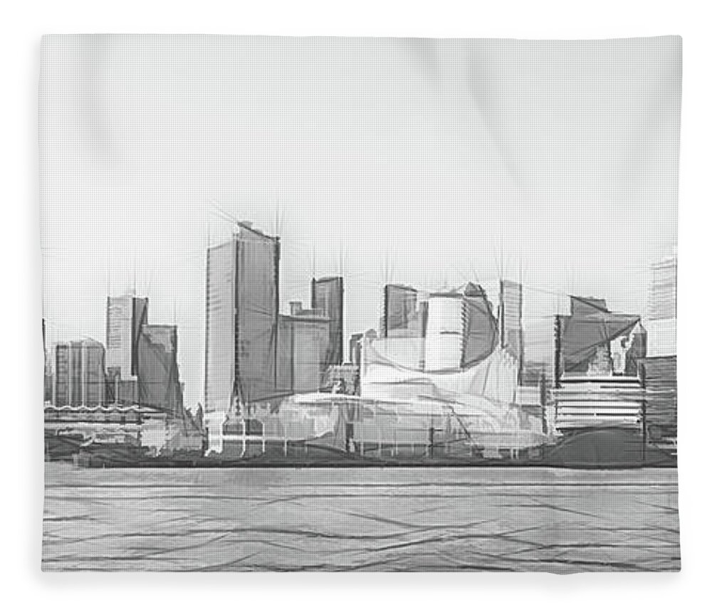 Canada Fleece Blanket featuring the digital art Vancouver Cruise Ship Port and Financial District Digital Sketch by Rick Deacon
