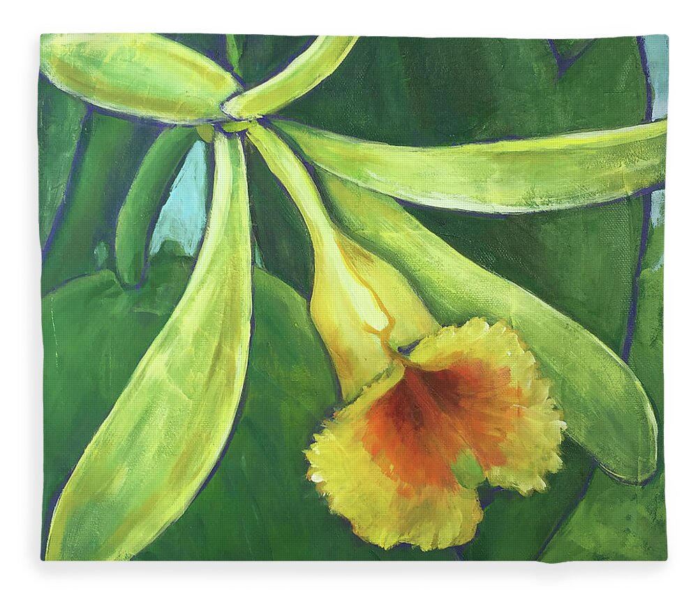 Orchid Fleece Blanket featuring the painting Vanilla Orchid by Tara D Kemp