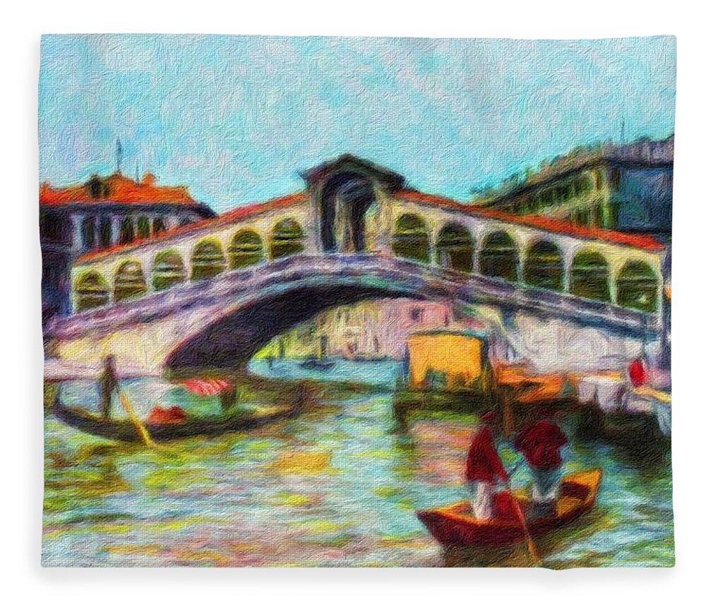 Rialto Bridge Fleece Blanket featuring the painting Venezia, Ponte Rialto by Vincent Monozlay