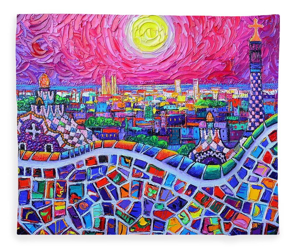 Barcelona Fleece Blanket featuring the painting VIBRANT BARCELONA NIGHT VIEW FROM PARK GUELL modern impressionism knife painting Ana Maria Edulescu by Ana Maria Edulescu