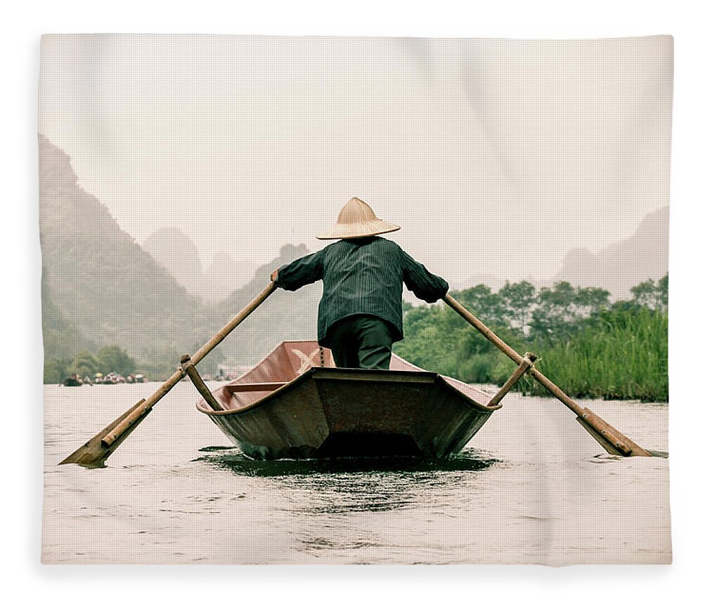 Grass Fleece Blanket featuring the photograph Vietnamese Rower In Boat by By Jérémie Lusseau