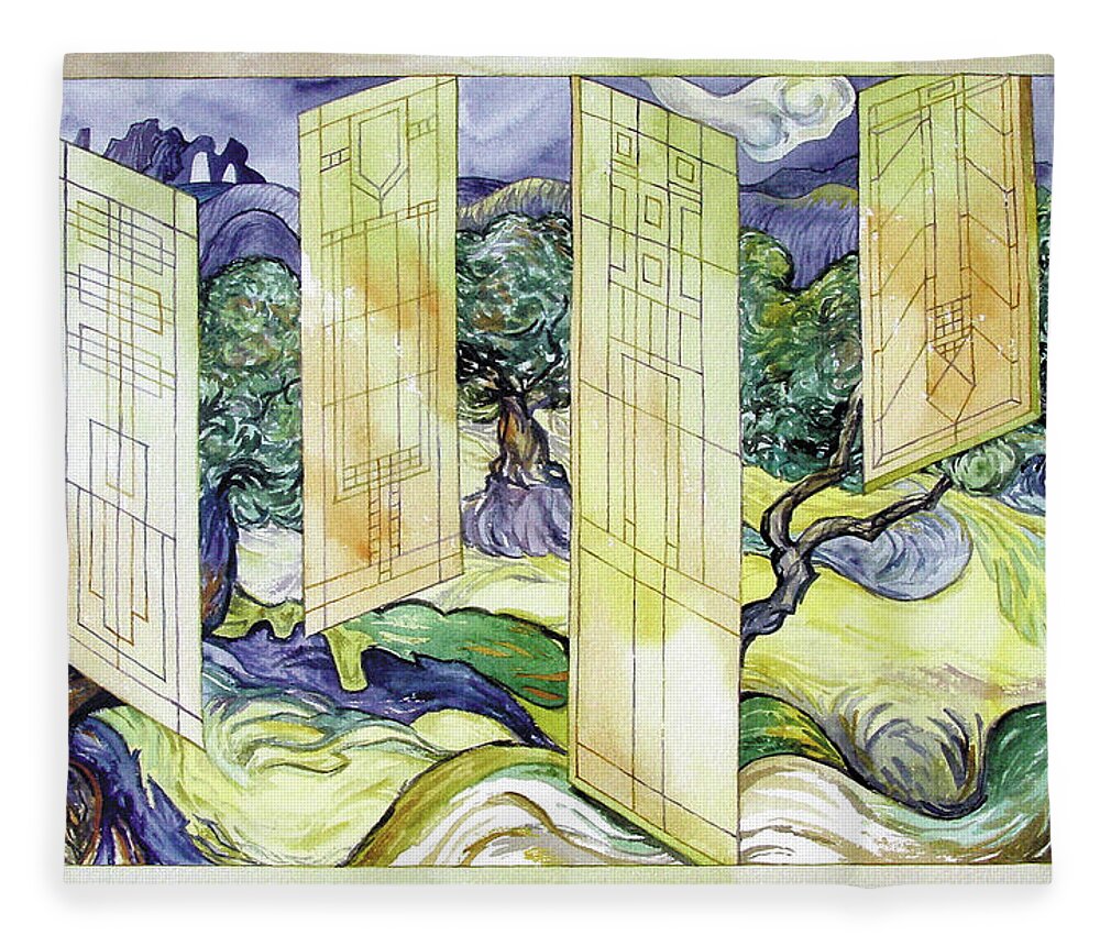 #watercolor #art #vincentvangogh #franklloydwright #fineart #olivetrees #stainedglass Fleece Blanket featuring the painting Vincent Meets Frank by Mick Williams