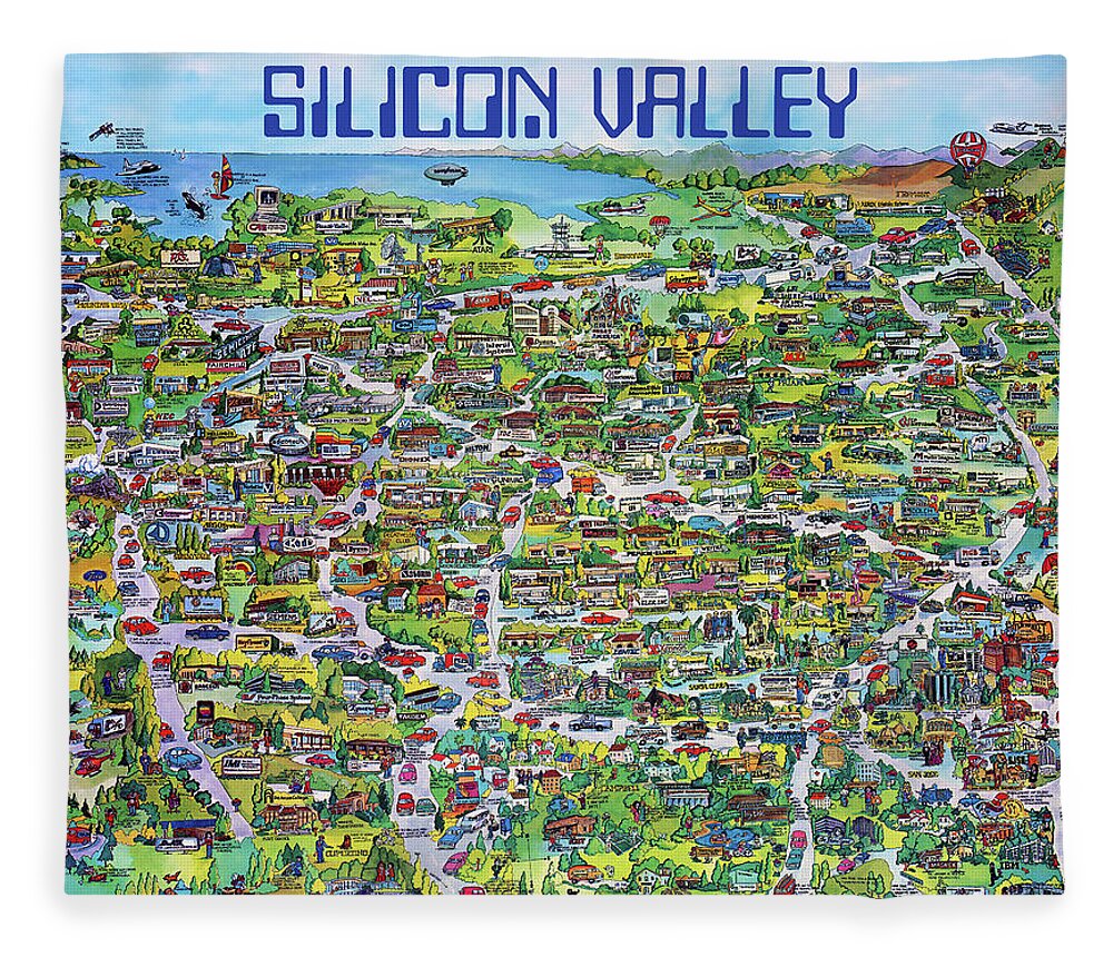 Silicon Valley Fleece Blanket featuring the mixed media Vintage 1982 Silicon Valley USA Poster Print, Shows Many Historic Companies and Places by Kathy Anselmo