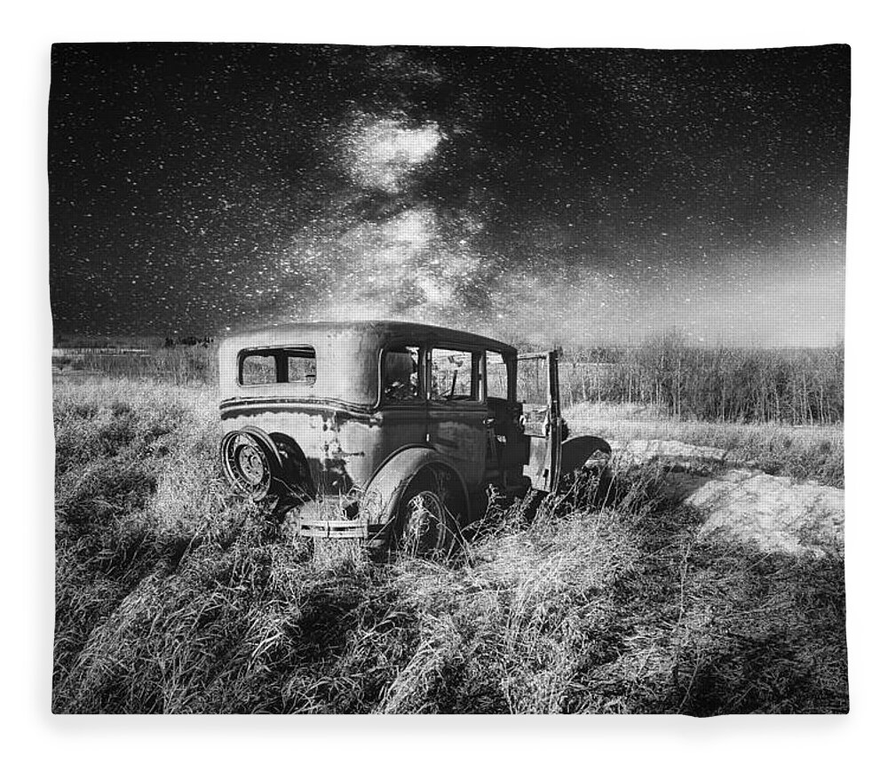 Vintage car under the starry night sky Fleece Blanket by Kathy
