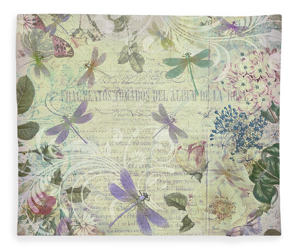 Vintage Fleece Blanket featuring the drawing Vintage Romantic Botanical with Dragonflies by Peggy Collins