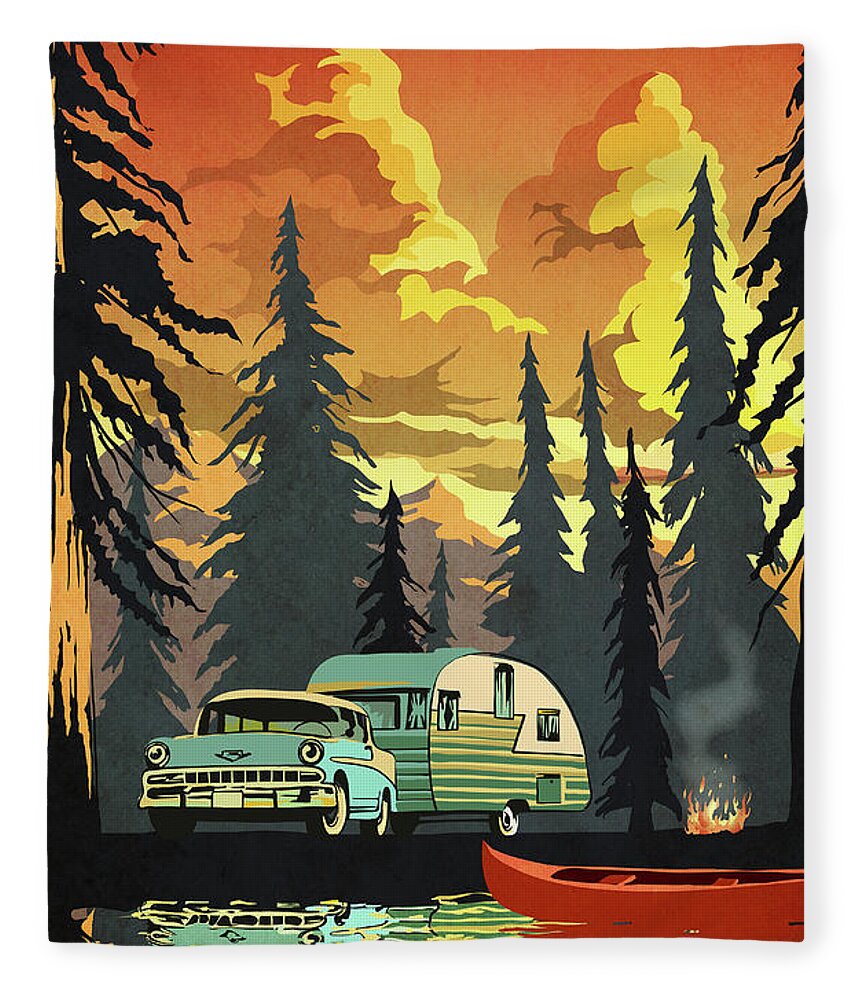 Travel Poster Fleece Blanket featuring the digital art Vintage Shasta Camper by Sassan Filsoof