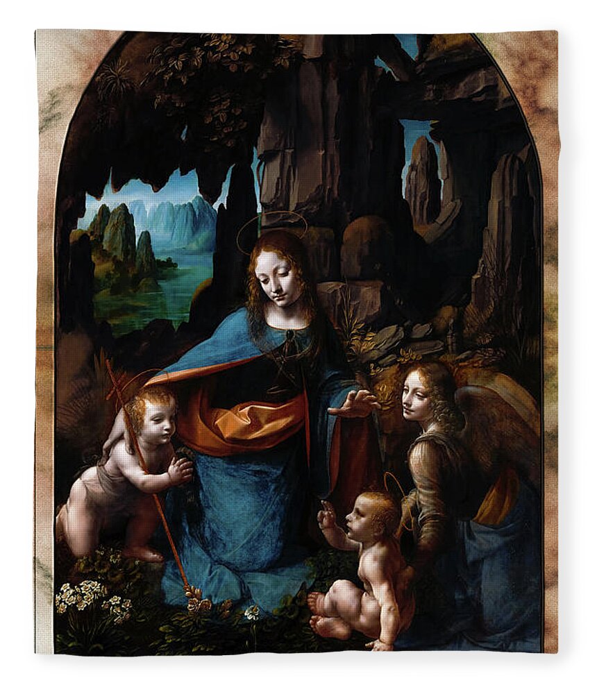 Virgin Of The Rocks Fleece Blanket featuring the painting Virgin Of The Rocks by Leonardo da Vinci by Rolando Burbon