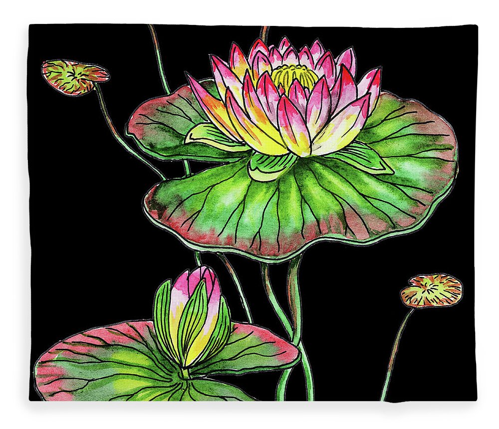 Waterlily Fleece Blanket featuring the painting Watercolor Flower Waterlily by Irina Sztukowski
