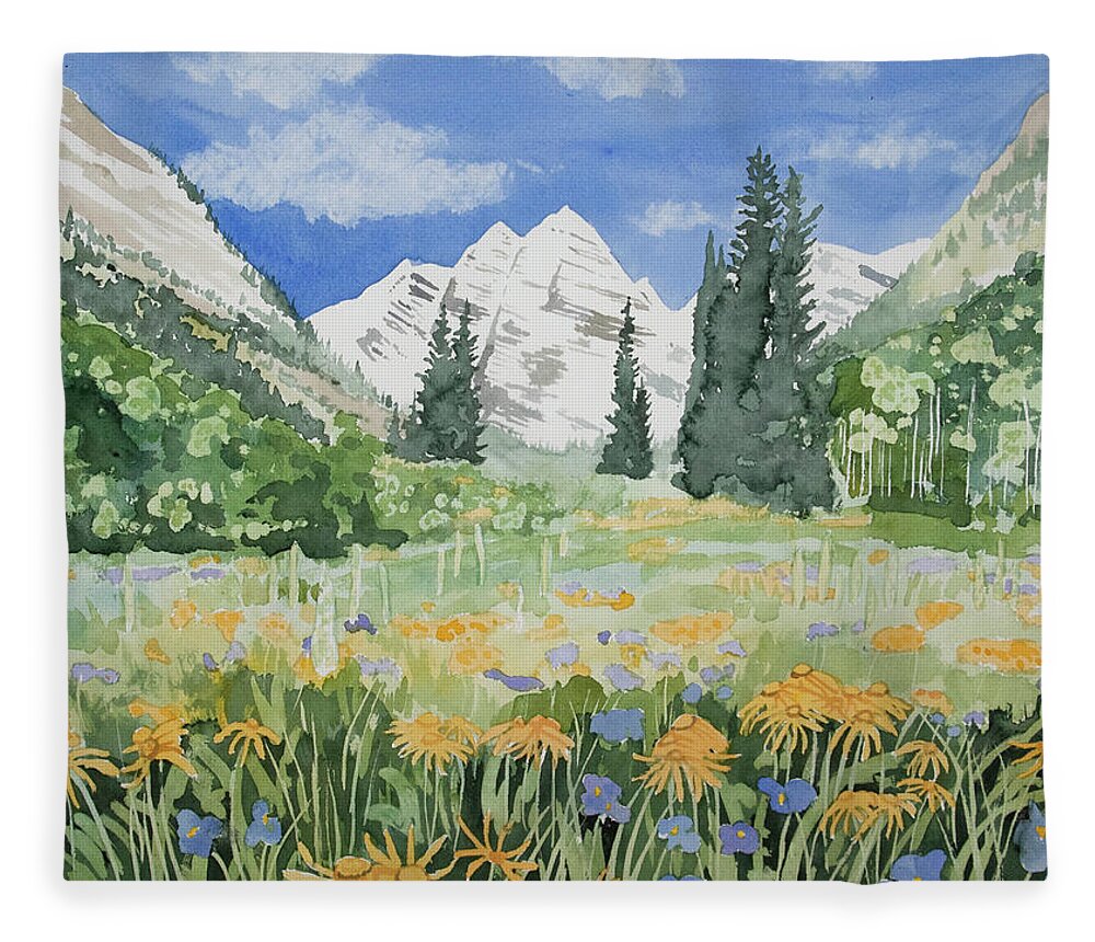 Landscape Fleece Blanket featuring the painting Watercolor- Maroon Bells Summer Landscape by Cascade Colors