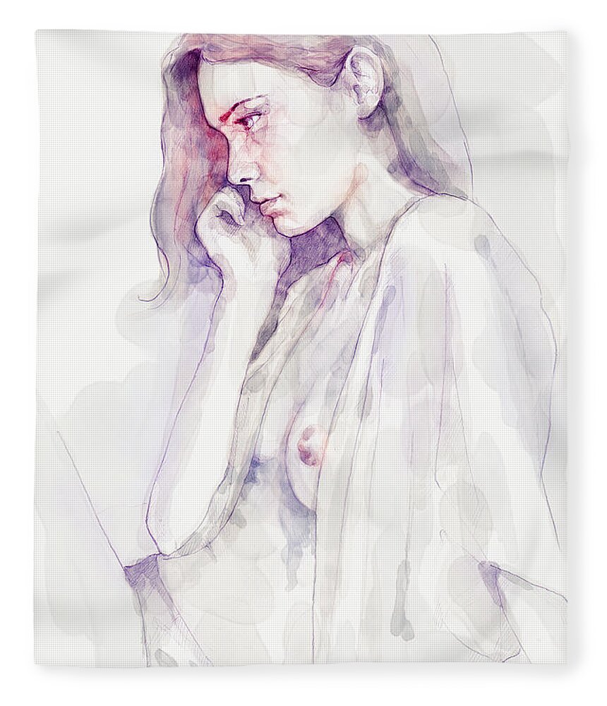 Aquarelle Fleece Blanket featuring the painting Watercolour Sensual Portrait by Dimitar Hristov
