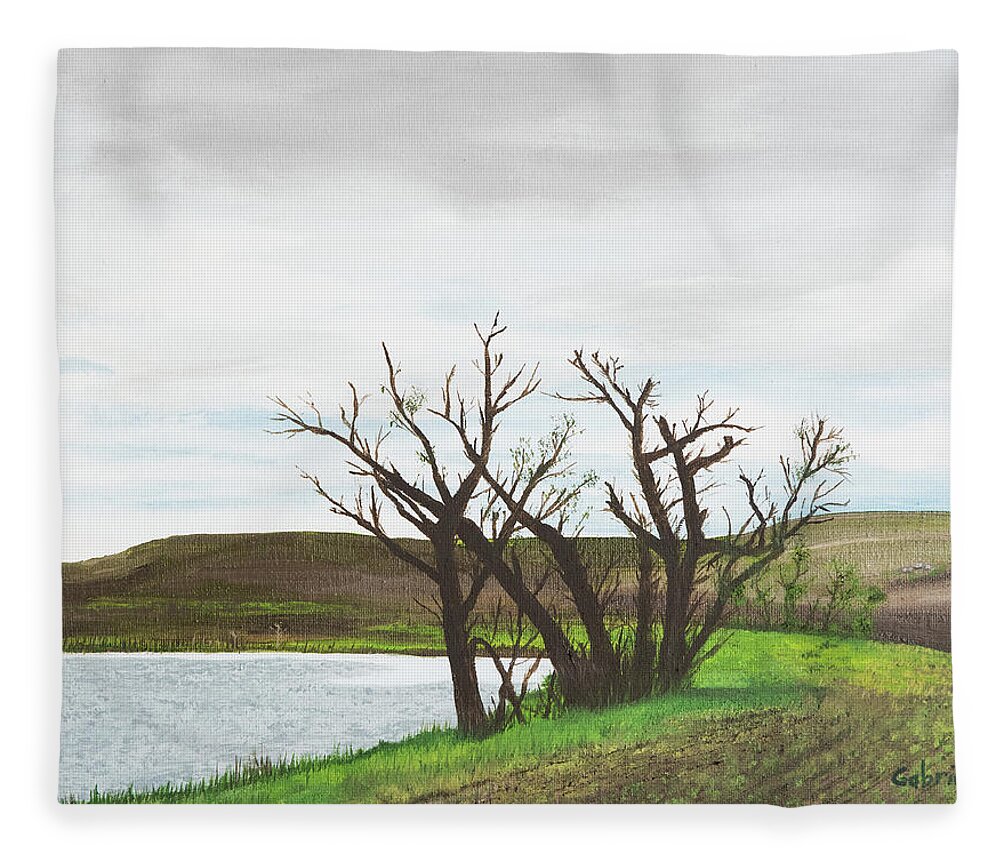 Trees Fleece Blanket featuring the painting Watering Hole by Gabrielle Munoz