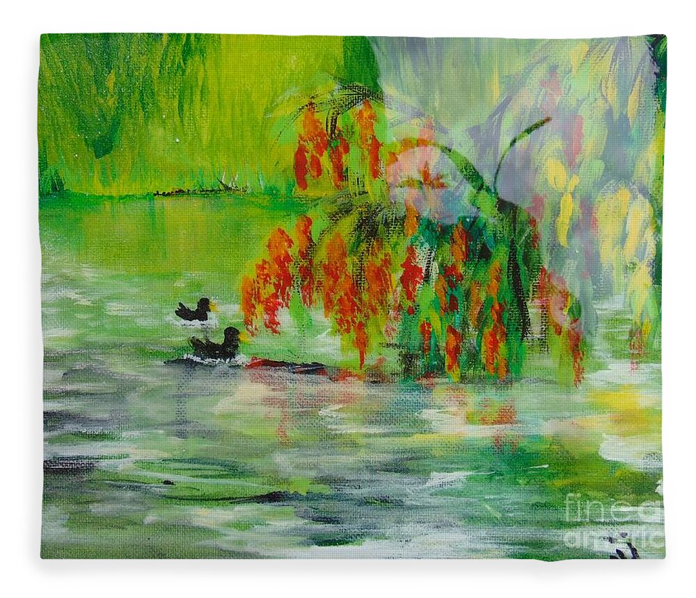 Lake Fleece Blanket featuring the painting Weeping Bottlebrush by Saundra Johnson