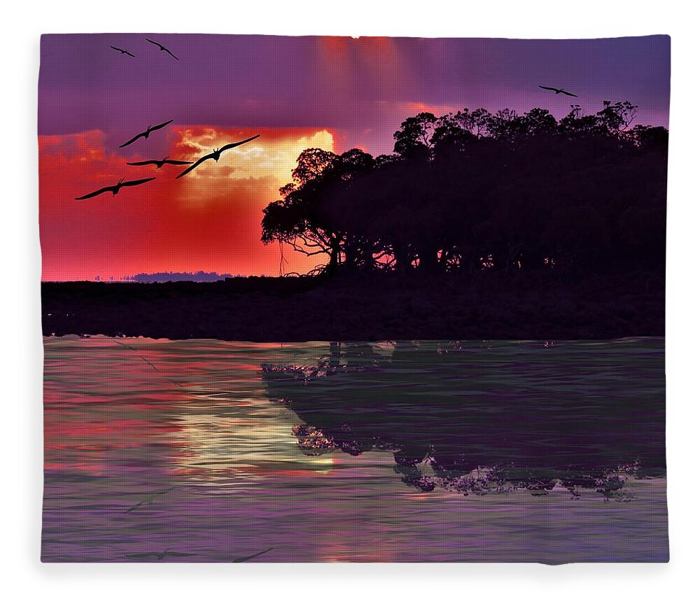 Weipa Sunset With Frigate Birds Fleece Blanket featuring the photograph Weipa Sunset With Frigate Birds by Joan Stratton