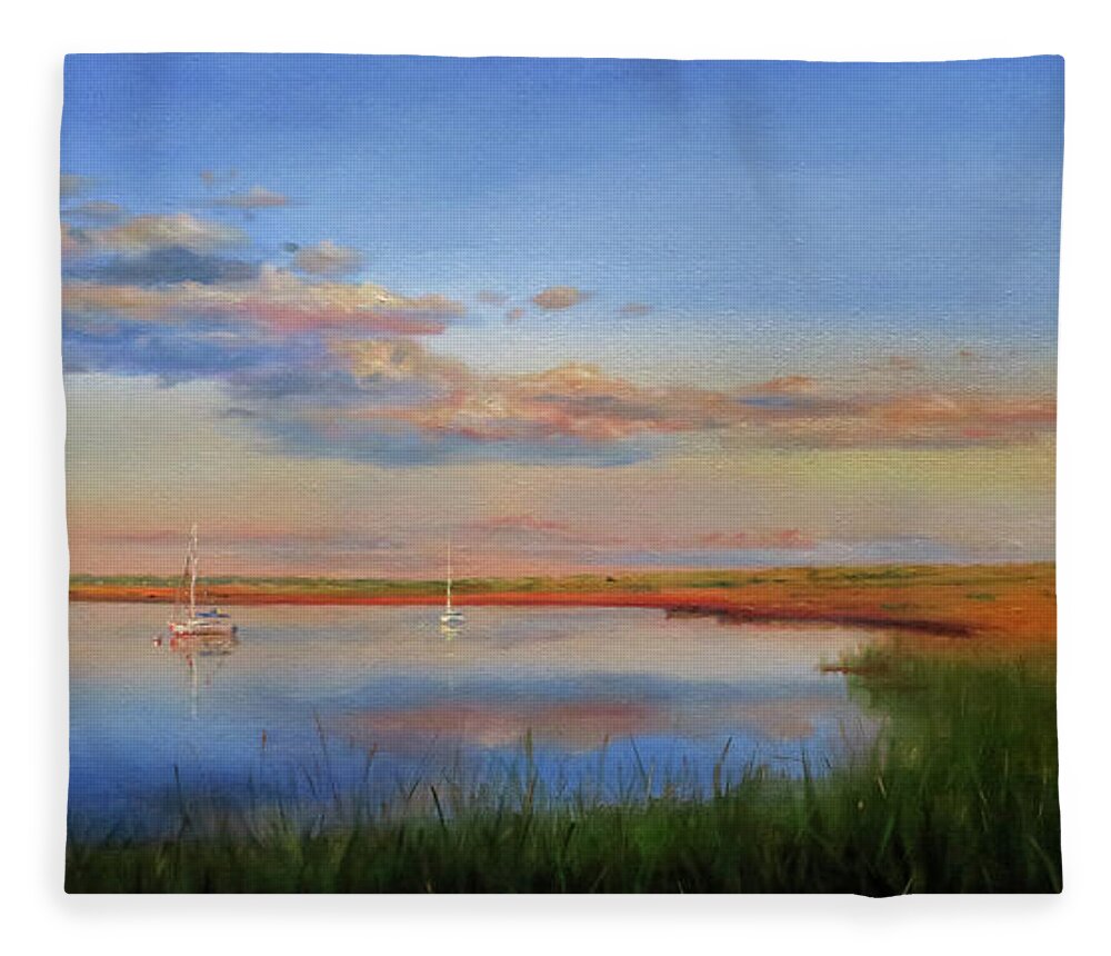 Cape Cod Fleece Blanket featuring the painting West Bay Landing, Osterville by Jonathan Gladding