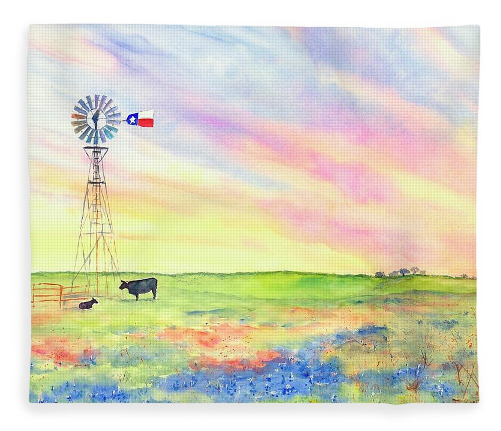 Texas Fleece Blanket featuring the painting West Texas Ranch Landscape Windmill by Carlin Blahnik CarlinArtWatercolor