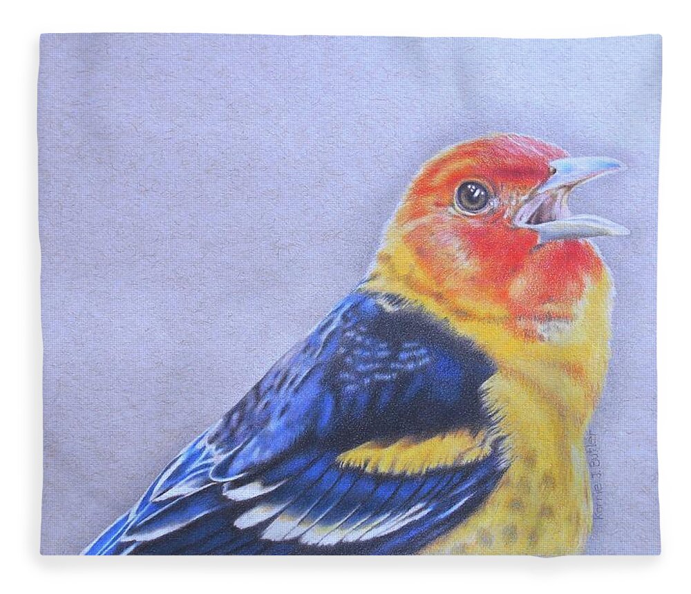 Western Tanager Fleece Blanket featuring the drawing Western Tanager - Male by Karrie J Butler