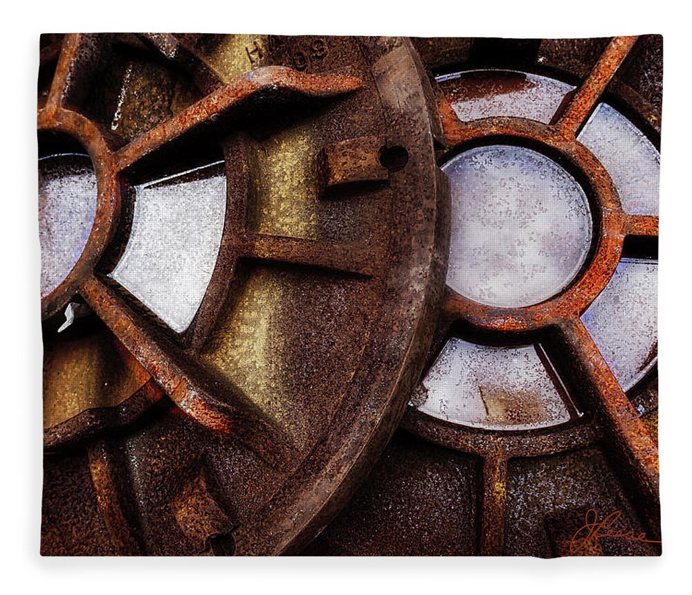 Photograph Of Rusted Wheels Fleece Blanket featuring the digital art Wheels of History by Joan Reese