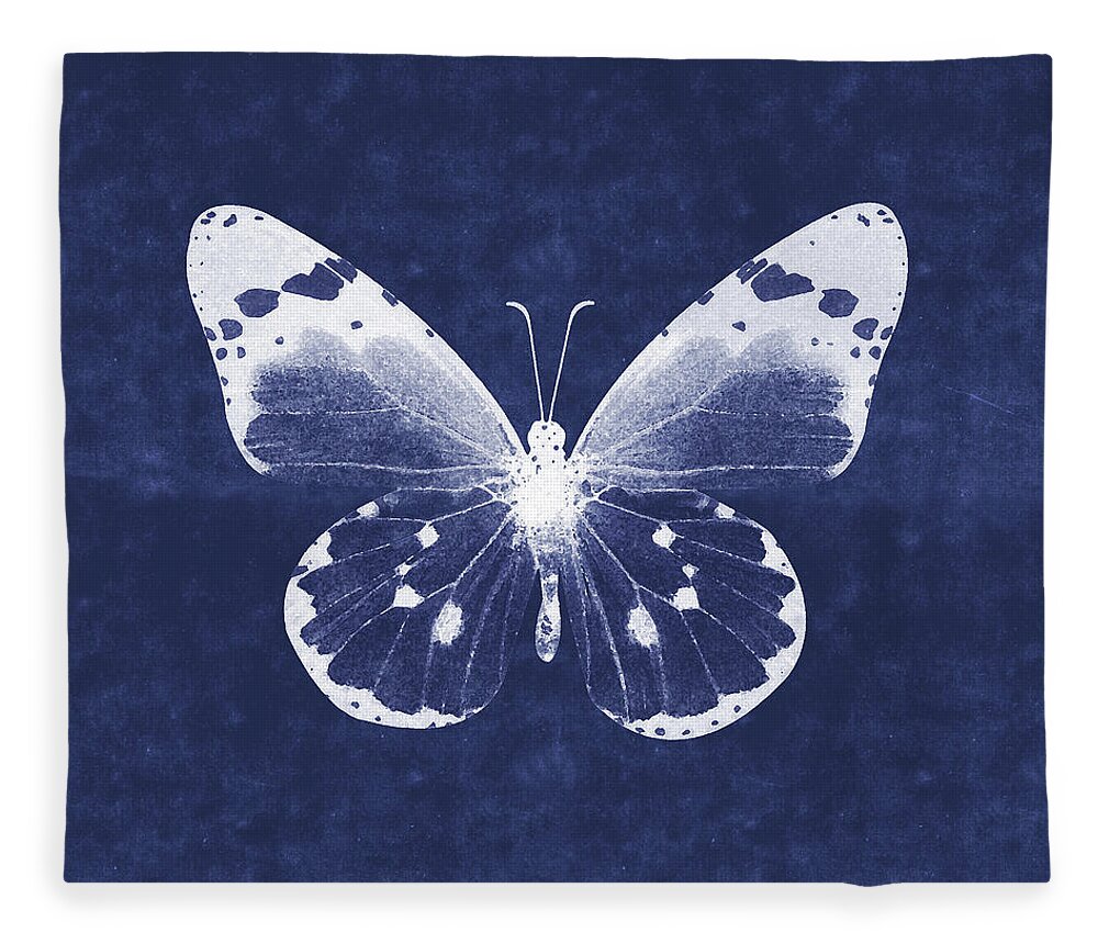 Butterfly White Blue Indigo Skeleton Butterfly Wings Modern Bohemianinsect Bug Garden Home Decorairbnb Decorliving Room Artbedroom Artcorporate Artset Designgallery Wallart By Linda Woodsart For Interior Designersgreeting Cardpillowtotehospitality Arthotel Artart Licensing Fleece Blanket featuring the mixed media White and Indigo Butterfly 1- Art by Linda Woods by Linda Woods
