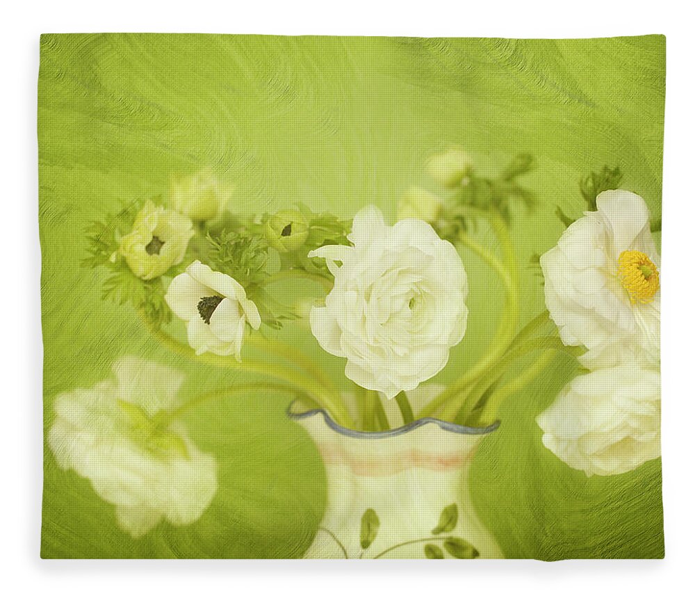 California Fleece Blanket featuring the digital art White Anemonies And Ranunculus by Susangaryphotography