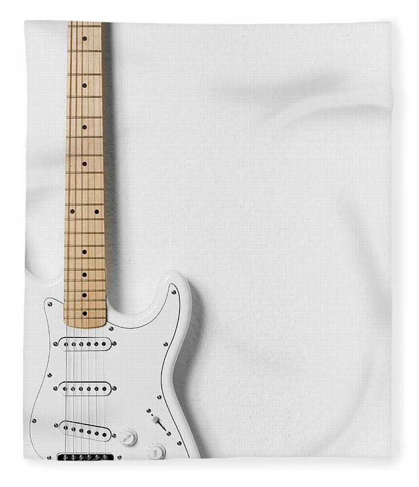 White Background Fleece Blanket featuring the photograph White Electric Guitar by Stock4b Creative