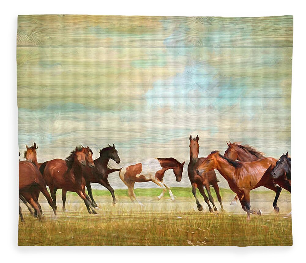 Fall Fleece Blanket featuring the digital art Wild Horses Painting in Wood Textures by Debra and Dave Vanderlaan