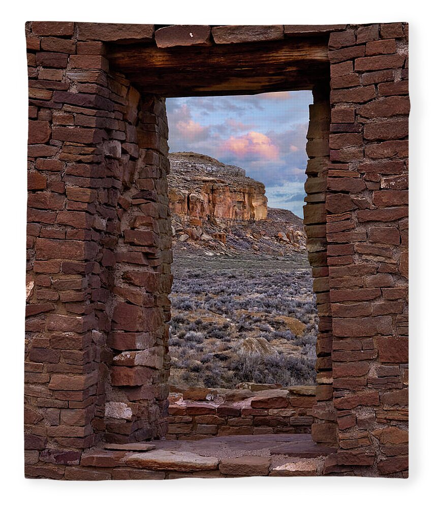 00559644 Fleece Blanket featuring the photograph Window On South Mesa, Pueblo Del Arroyo, Chaco Culture National Historical Park, New Mexico by Tim Fitzharris