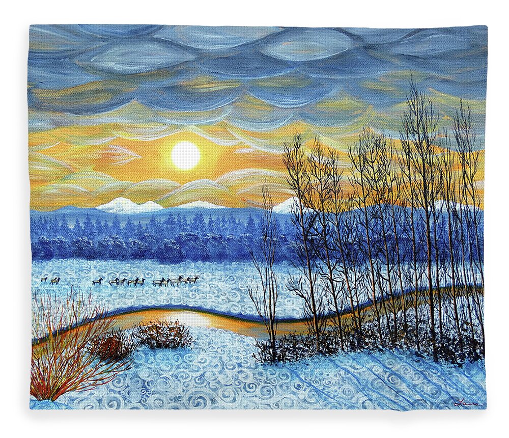 Pacific Northwest Fleece Blanket featuring the painting Winter River in Sunset by Laura Iverson