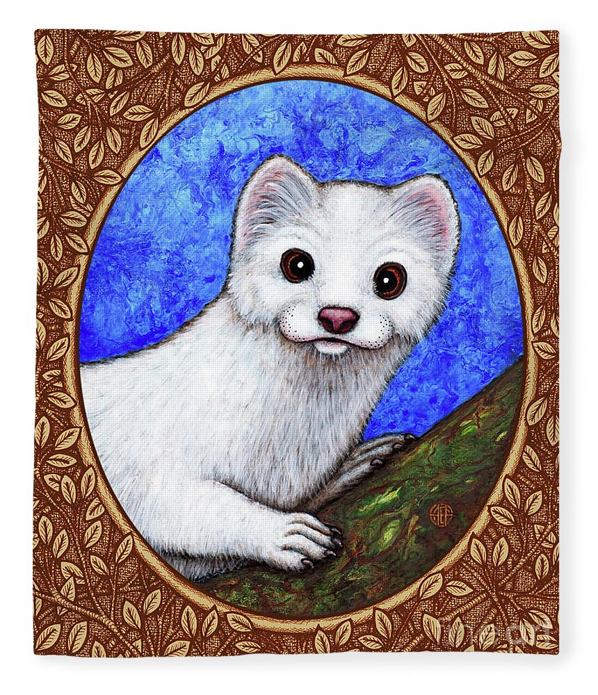 Animal Portrait Fleece Blanket featuring the painting Winter Weasel Portrait - Brown Border by Amy E Fraser