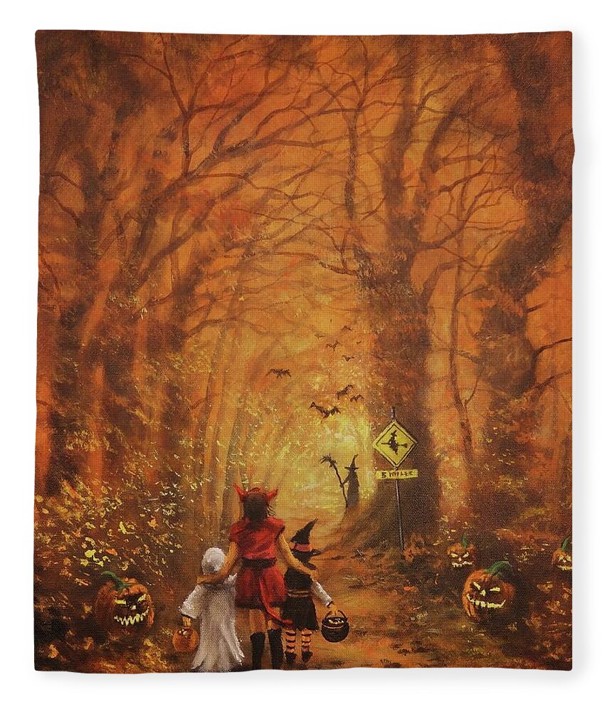 Halloween Fleece Blanket featuring the painting Witch Crossing Ahead by Tom Shropshire