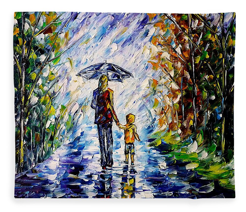 Mother And Child Fleece Blanket featuring the painting Woman With Child In The Rain by Mirek Kuzniar
