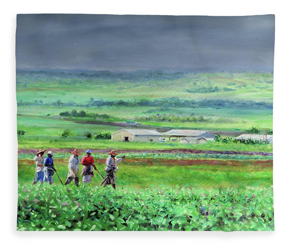 Caribbean Art Fleece Blanket featuring the painting Women Fieldworkers, Barbados by Jonathan Gladding