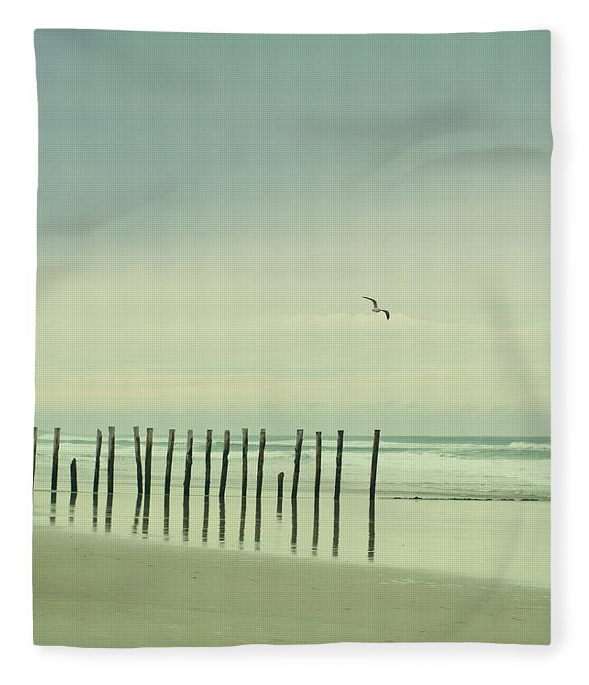 Wooden Post Fleece Blanket featuring the photograph Wooden Pier Piles On Beach by Jill Ferry Photography