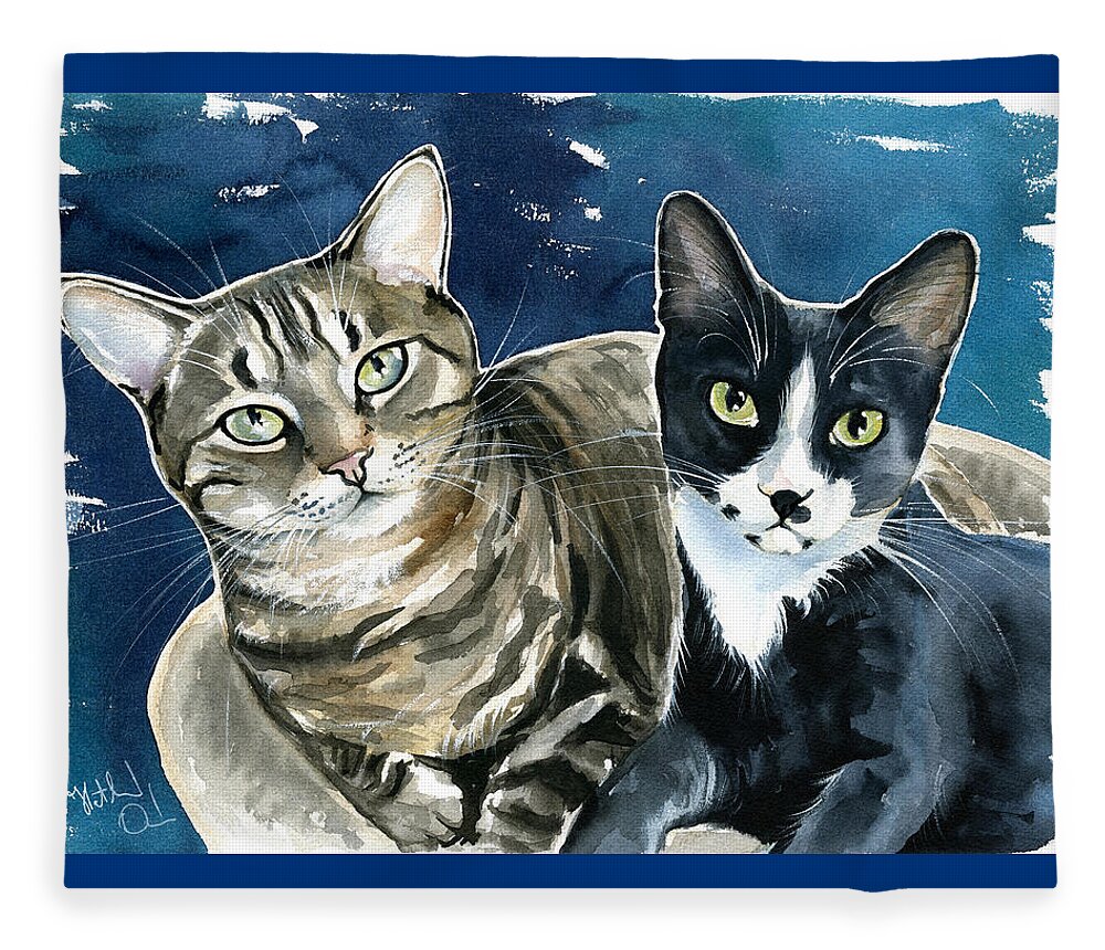 Cat Fleece Blanket featuring the painting Xani and Zach Cat Painting by Dora Hathazi Mendes