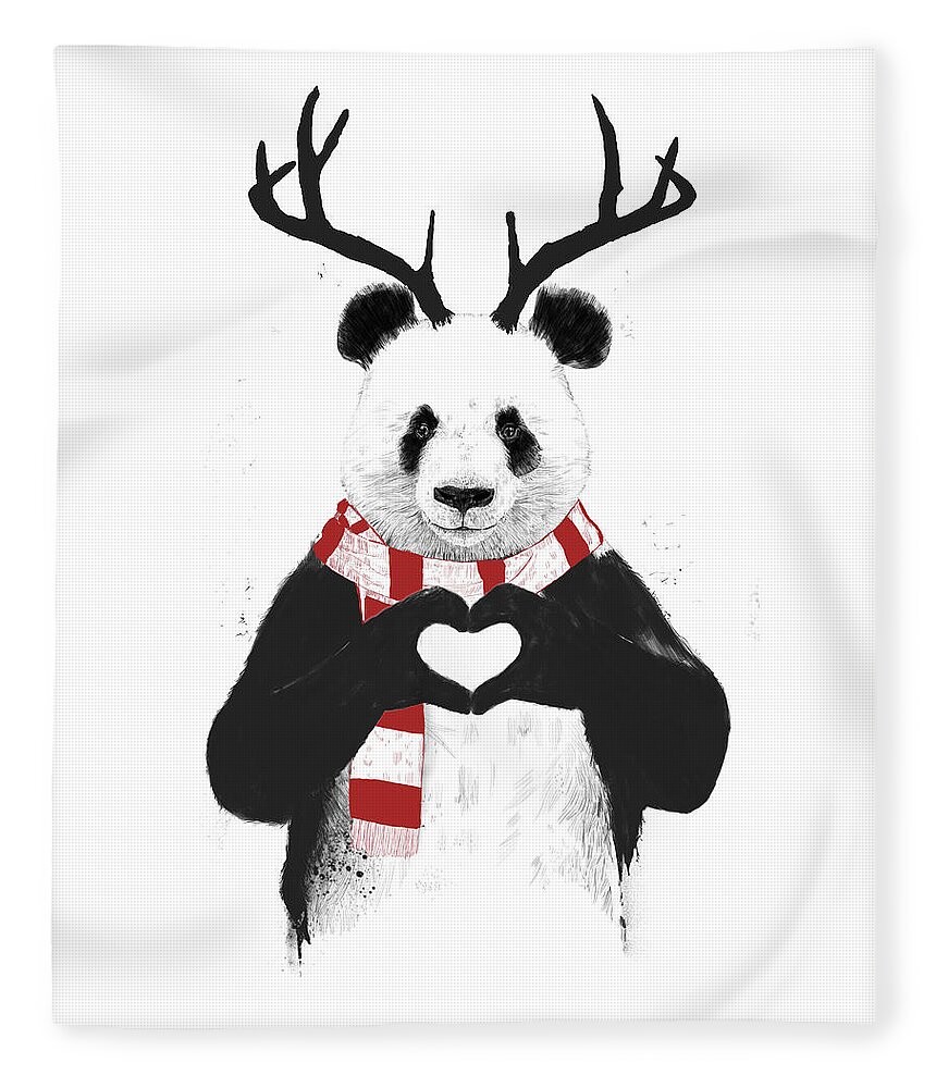 Panda Fleece Blanket featuring the drawing Xmas panda by Balazs Solti