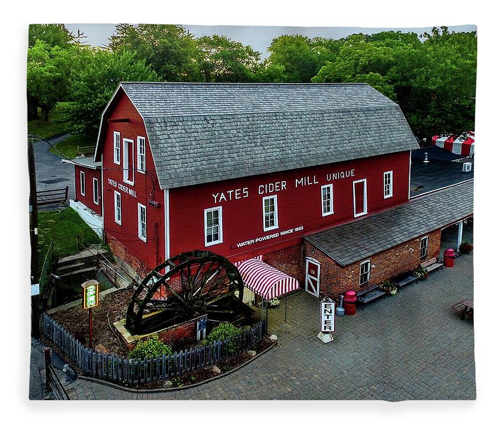 Rochester Fleece Blanket featuring the digital art Yates Cider Mill DJI_0056 by Michael Thomas